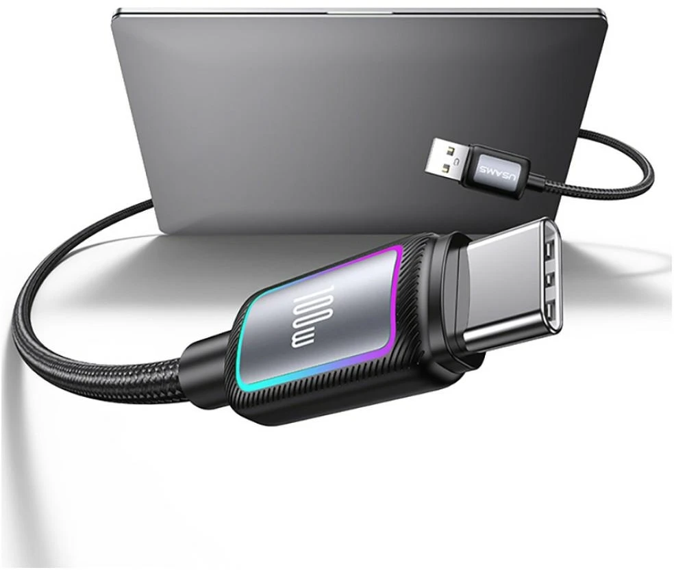 USAMS Al-Alloy SJ817 U110 RGB greitojo įkrovimo 100W USB-A į USB-C laidas 1.2 m juodas