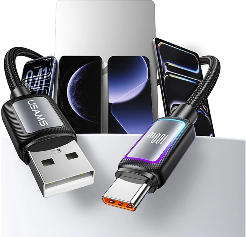 USAMS Al-Alloy SJ817 U110 RGB greitojo įkrovimo 100W USB-A į USB-C laidas 1.2 m juodas
