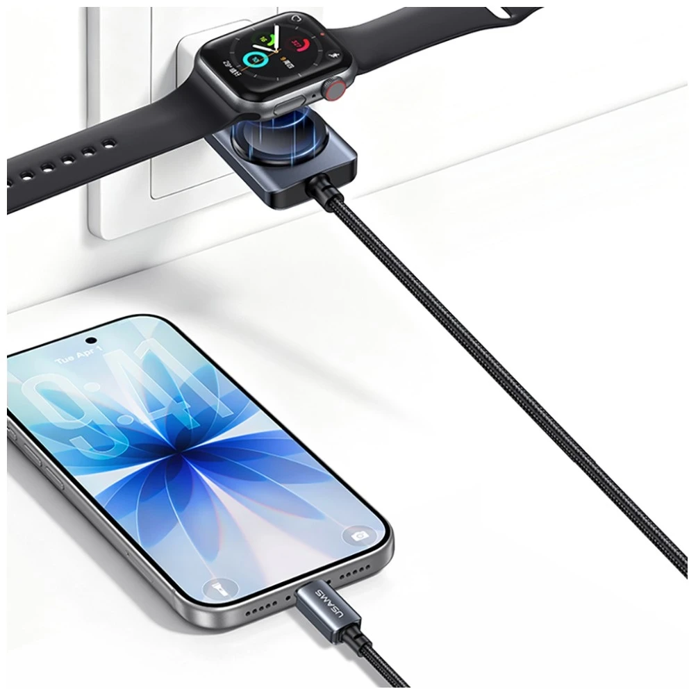 Kabelis USAMS SJ821 U113 Fast Charging 100W USB-C do USB-C + kroviklis bezprzewodowa do zegarka 1,2 m juoda