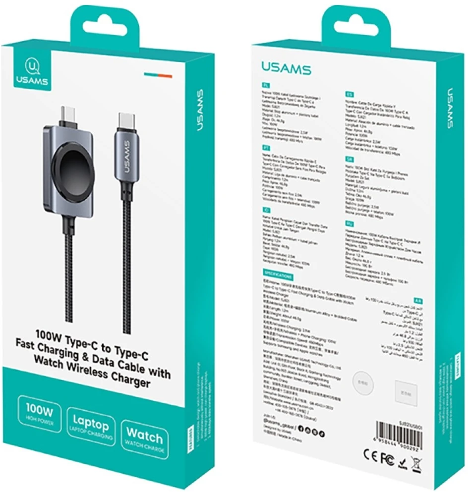 Kabelis USAMS SJ821 U113 Fast Charging 100W USB-C do USB-C + kroviklis bezprzewodowa do zegarka 1,2 m juoda