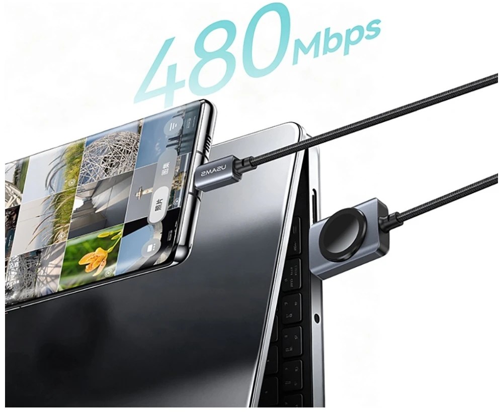 Kabelis USAMS SJ821 U113 Fast Charging 100W USB-C do USB-C + kroviklis bezprzewodowa do zegarka 1,2 m juoda