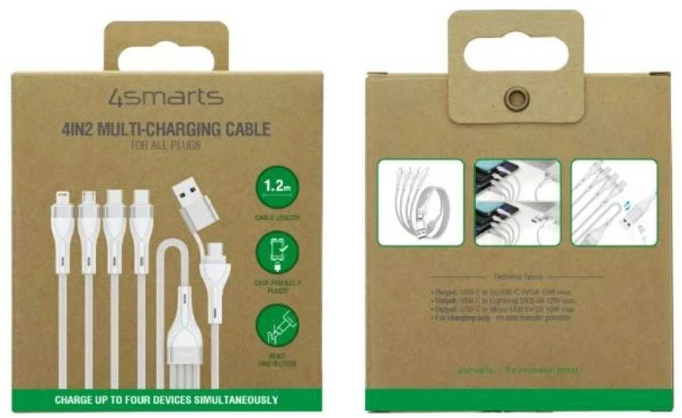 Kabelis USB-C/USB-A 4smarts 4w1 1.2m balta