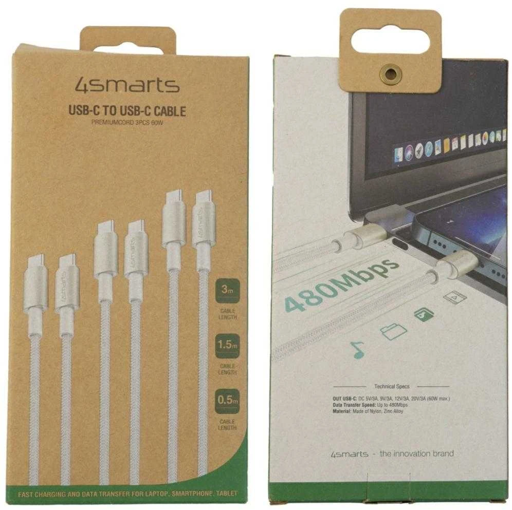 4Smarts USB-C to USB-C PremiumCord 60W Set of 3 0.5M+1.5M+3M baltas / sidabrinis