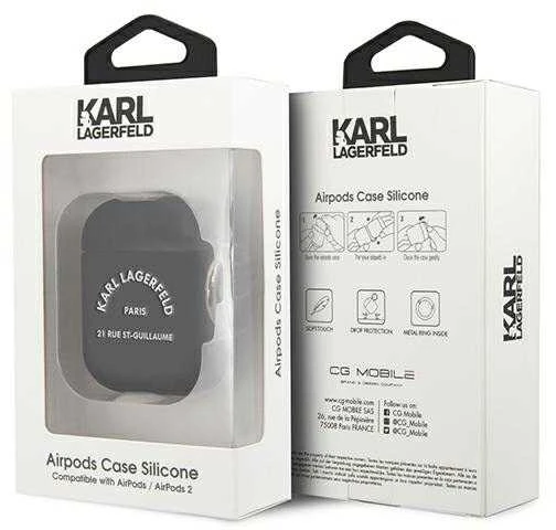 Karl Lagerfeld Rue St Guillaume silikoninis dėklas ausinėms AirPods 1/2 juodos spalvos