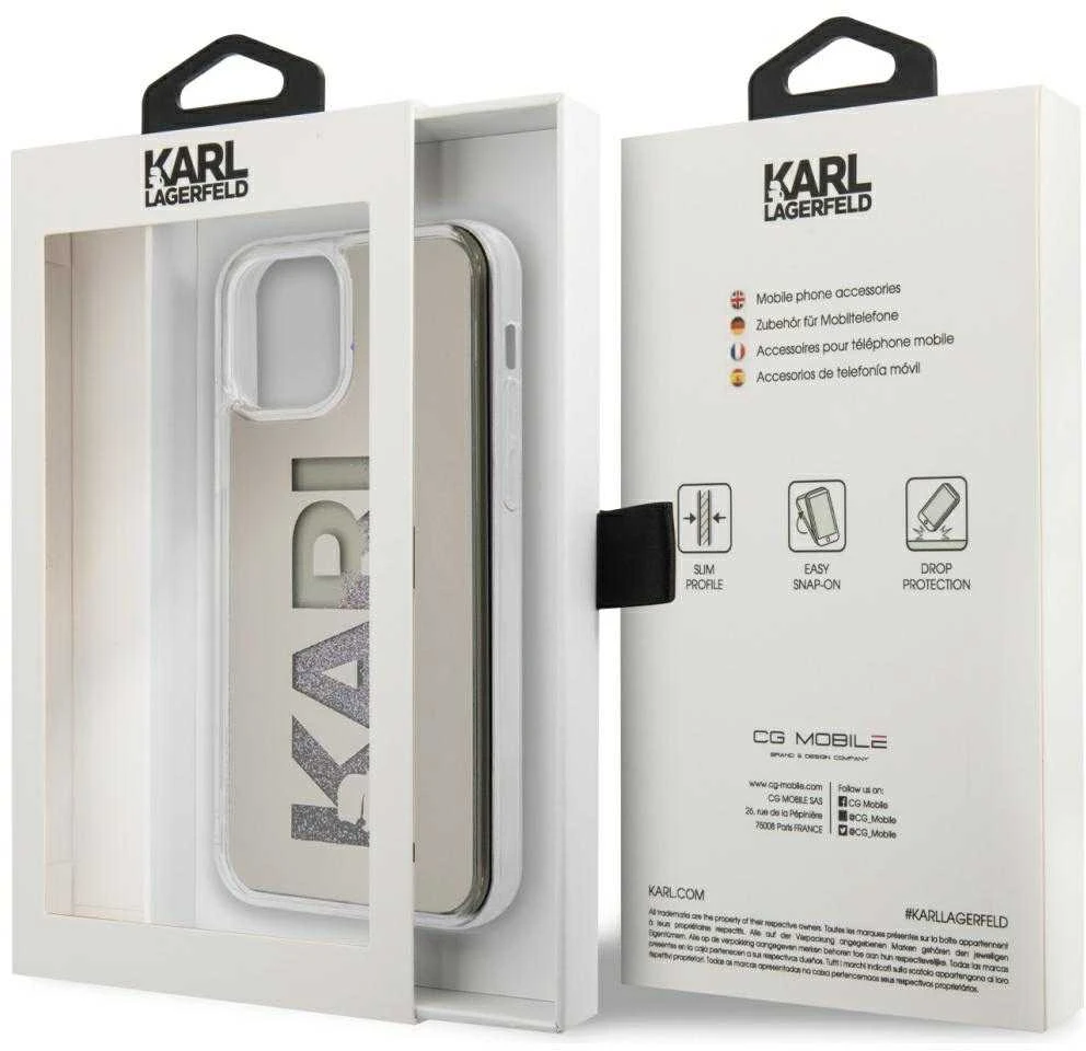 Dėklas Karl Lagerfeld HARD CASE MIRROR LIQUID GLITTER KARL IPHONE 12 MINI Sidabrinis