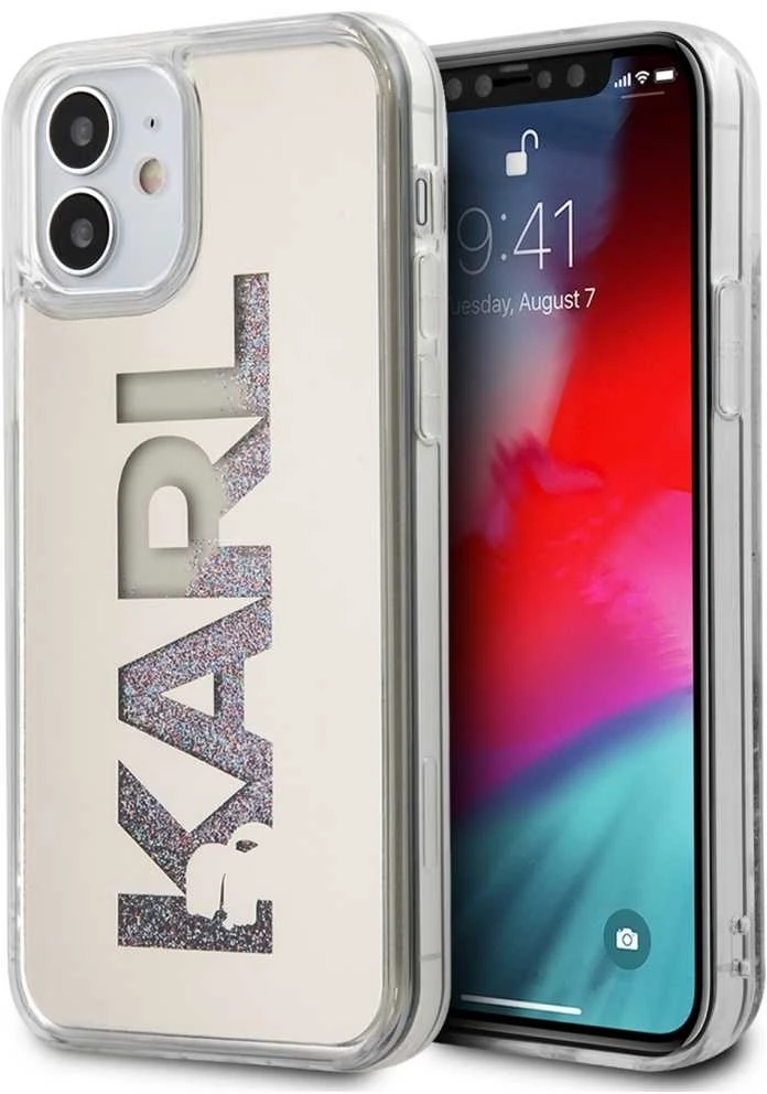 Dėklas Karl Lagerfeld HARD CASE MIRROR LIQUID GLITTER KARL IPHONE 12 MINI Sidabrinis