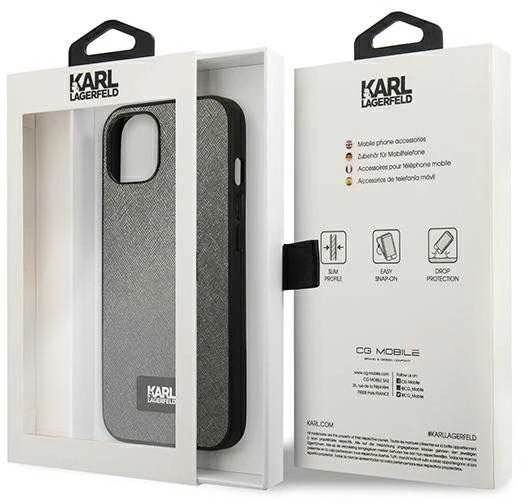 Karl Lagerfeld KLHCP13MSFMP2DG Apple iPhone 13 / 14 / 15 6,1″ kietas dėklas sidabrinis Saffiano Plaque