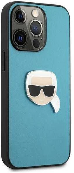 Karl Lagerfeld KLHCP13XPKMB iPhone 13 Pro Max 6,7" mėlyna/mėlynas kietas dėklas Oda Ikonik Karl's Head Metal