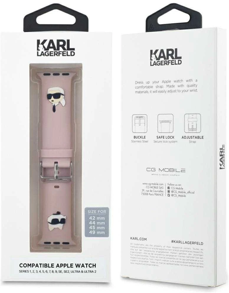Apyrankė laikrodžiui Apple Watch 1 / 2 / 3 / 4 / 5 / 6 / 7 / 8 / SE / Ultra (42 / 44 / 45 / 49 mm) Karl Lagerfeld Strap 3D Rubber Karl&Choupette Heads (KLAWLSLKCNP) rožinės spalvos
