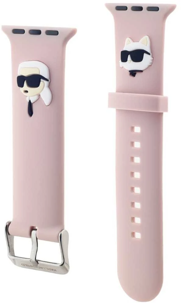 Apyrankė laikrodžiui Apple Watch 1 / 2 / 3 / 4 / 5 / 6 / SE / 7 / 8 (38 / 40 / 41 mm) Karl Lagerfeld Strap 3D Rubber Karl&Choupette Heads (KLAWMSLKCNP) rožinės spalvos