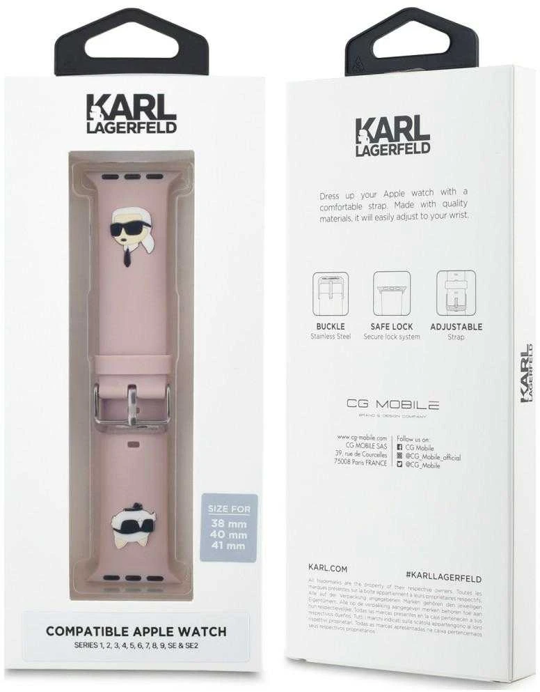 Apyrankė laikrodžiui Apple Watch 1 / 2 / 3 / 4 / 5 / 6 / SE / 7 / 8 (38 / 40 / 41 mm) Karl Lagerfeld Strap 3D Rubber Karl&Choupette Heads (KLAWMSLKCNP) rožinės spalvos