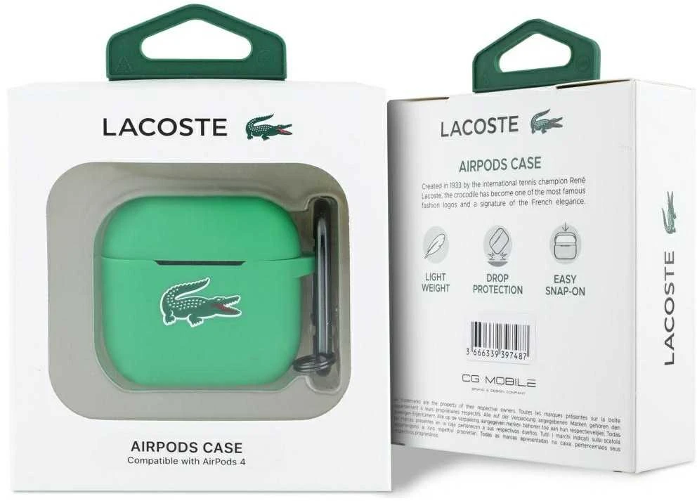 Lacoste Liquid Silicone Croc Logo dėklas skirtas Apple AirPods 4 žalios spalvos