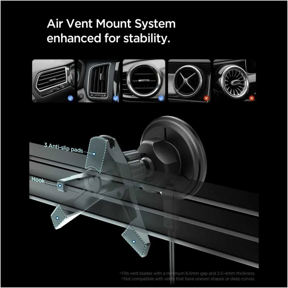 Automobilinis laikiklis Spigen Essential MagSafe Wireless Car Charger EV15MAQ, juodas - Air vent
