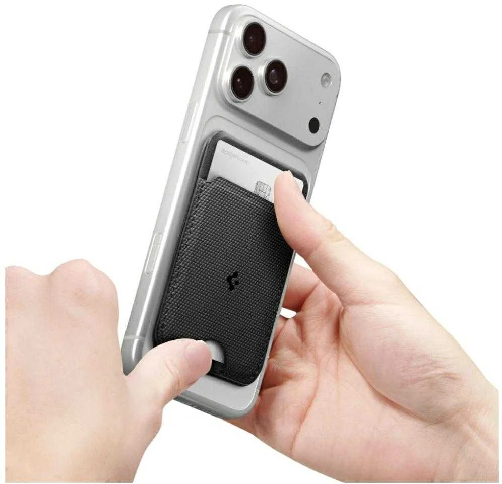 Dėklas Spigen Plonas sulankstomas stovas MagSafe piniginė 1 kortelė, juoda