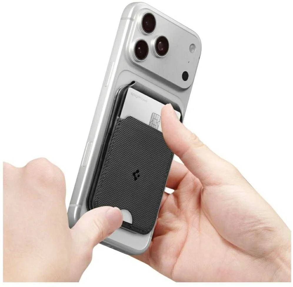 Spigen Plona sulankstoma MagSafe piniginė su trikojumi, skirta 3 kortelėms, juoda