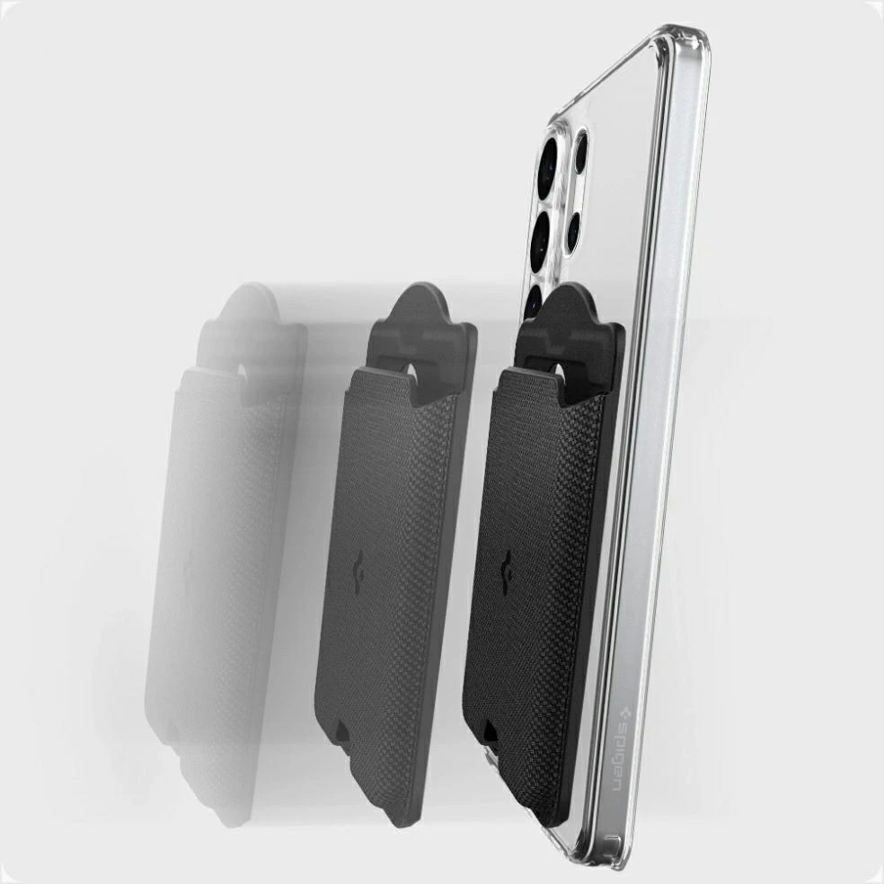 Dėklas „Spigen Urban Fit“ „MagSafe“ piniginė, juoda – „Samsung Galaxy S25“ serijai