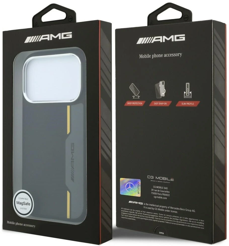 Mercedes Dėklas AMG HC Silicone Bow Lines MagSafe iPhone 18 Pro / 17 Pro juodai geltonas