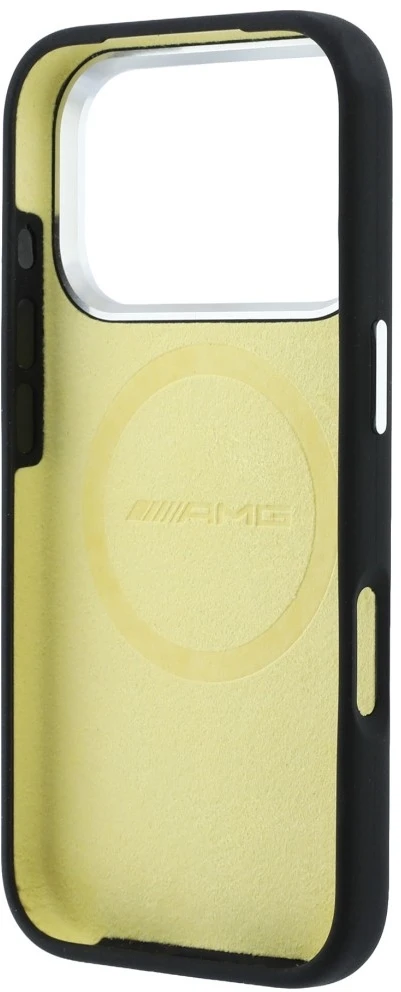 Mercedes Dėklas AMG HC Silicone Bow Lines MagSafe iPhone 18 Pro / 17 Pro juodai geltonas