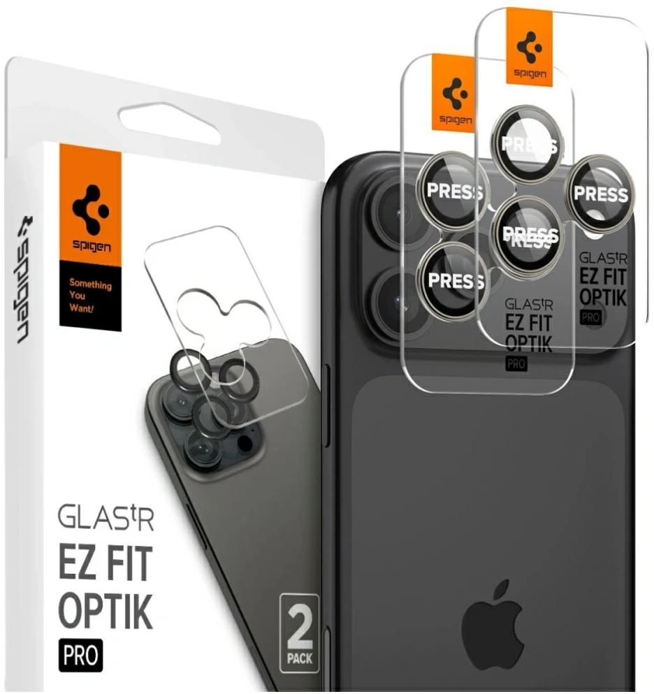 Kameros apsauga iPhone 14 Pro / 14 Pro Max / 15 Pro / 15 Pro Max / 16 Pro / 16 Pro Max / 17 Pro / 17 Pro Max Spigen Optik.TR Camera Protector 2 vnt. natūralaus titano smėlio spalvos