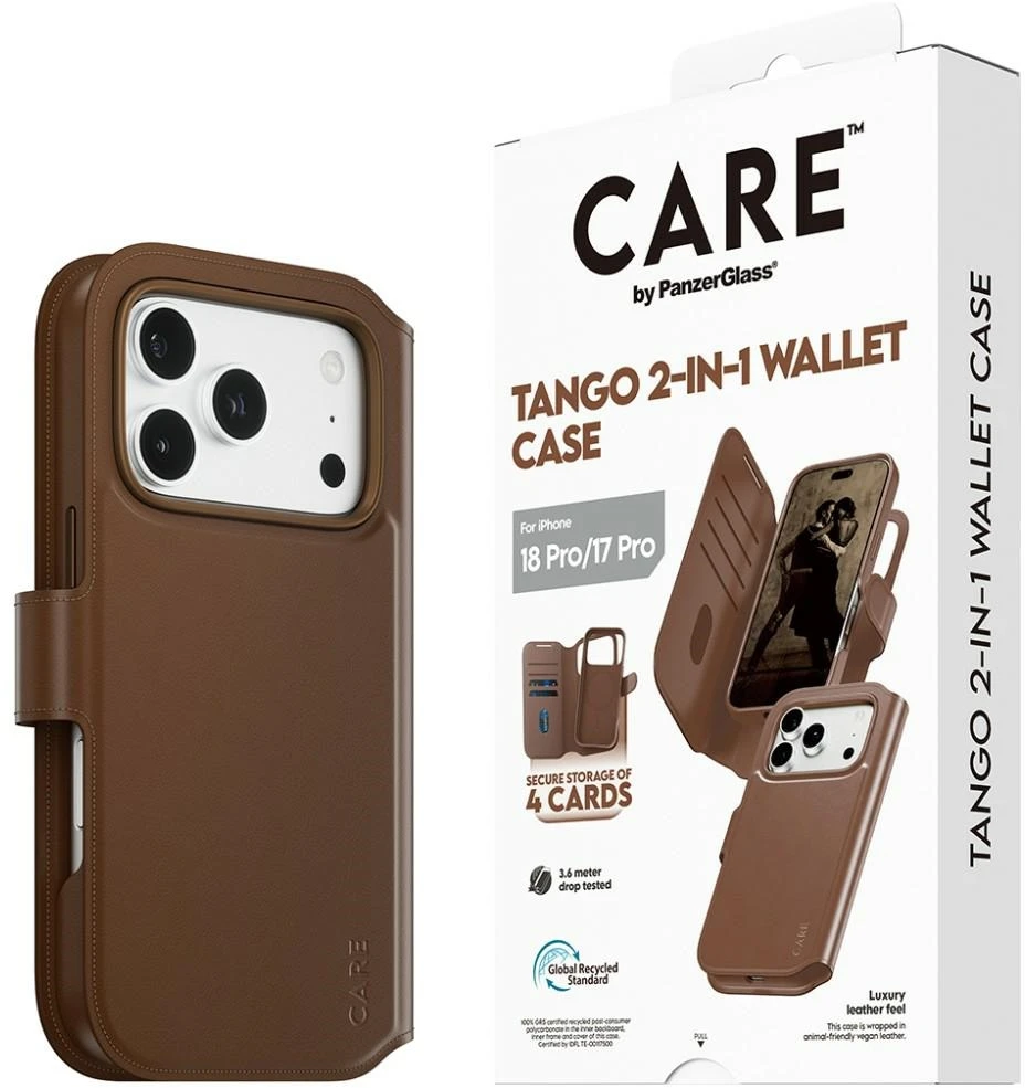 Dėklas Panzer Glass Care by PanzerGlass Tango 2w1 Wallet Case MagSafe do iPhone 18 Pro / 17 Pro ruda
