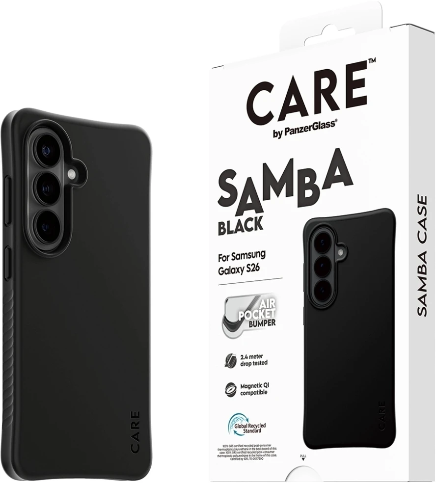 Panzer Glass CARE by PanzerGlass Samba dėklas, juodas su Qi ryšiu, Samsung Galaxy S26, juodas