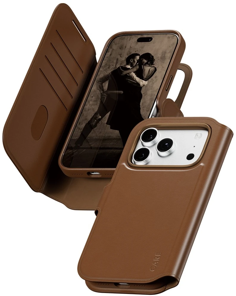 Dėklas Panzer Glass Care by PanzerGlass Tango 2w1 Wallet Case MagSafe do iPhone 18 Pro / 17 Pro ruda