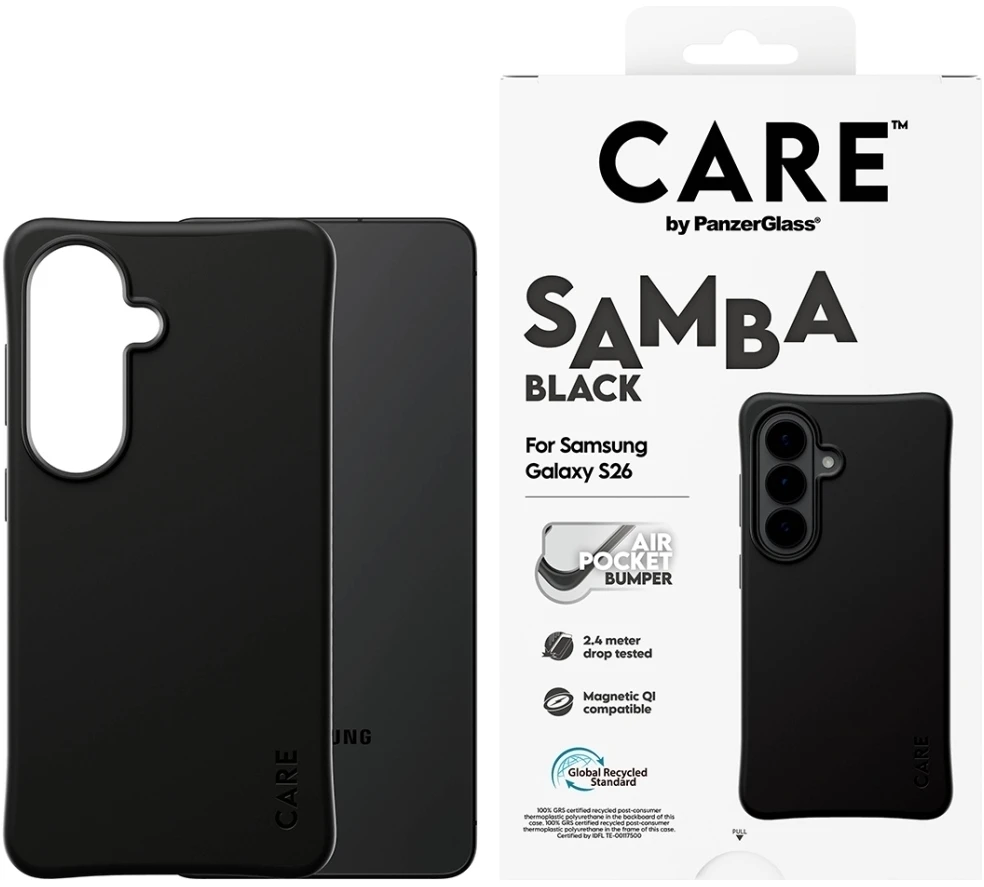 Panzer Glass CARE by PanzerGlass Samba dėklas, juodas su Qi ryšiu, Samsung Galaxy S26, juodas