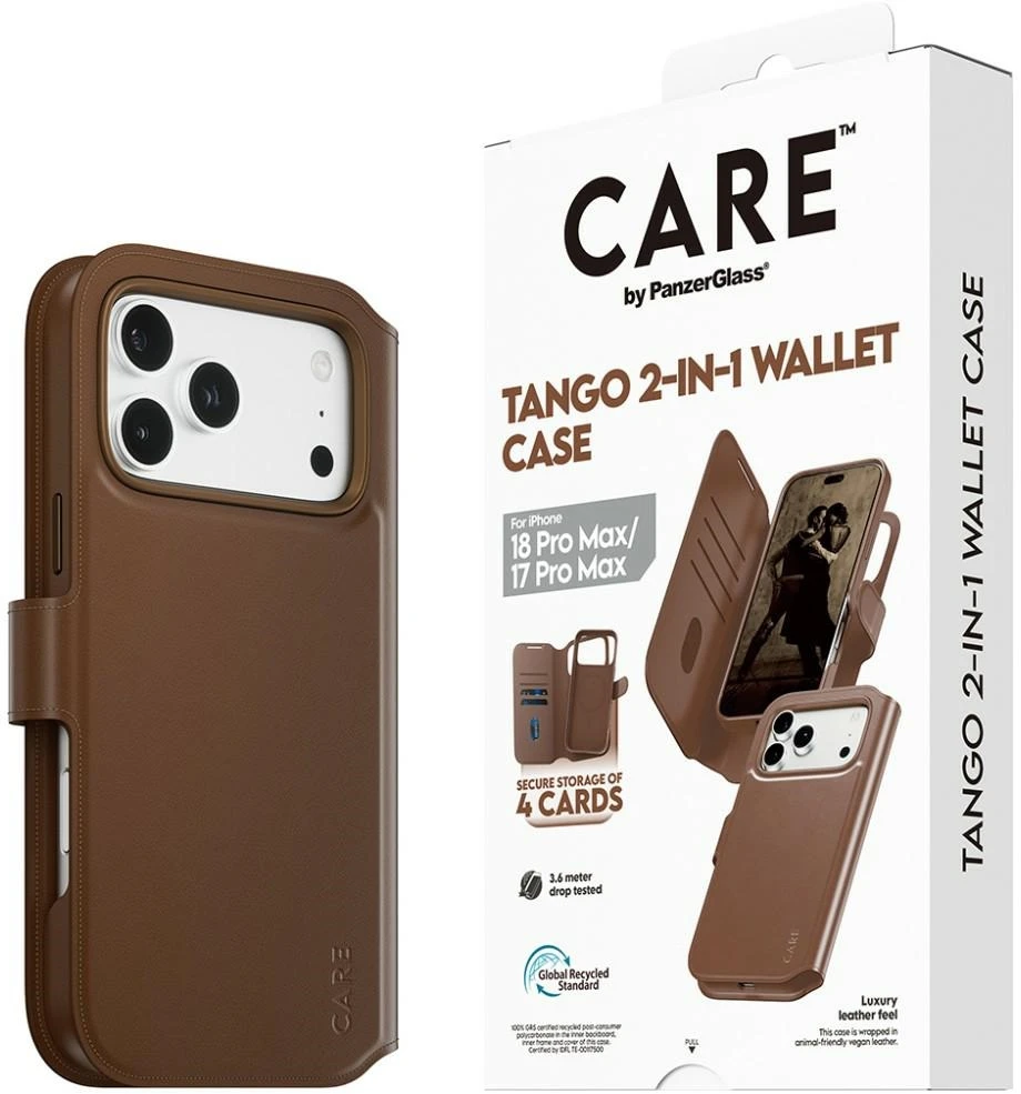 Panzer Glass Dėklas CARE by PanzerGlass Tango 2w1 Wallet Case MagSafe do iPhone 18 Pro Max / 17 Pro Max ruda
