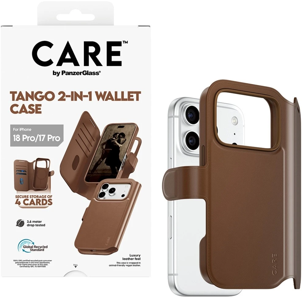 Dėklas Panzer Glass Care by PanzerGlass Tango 2w1 Wallet Case MagSafe do iPhone 18 Pro / 17 Pro ruda