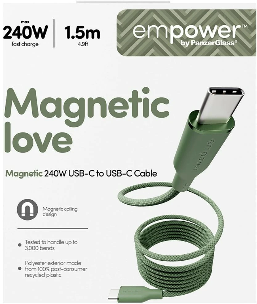 „Panzer Glass“ laidas, skirtas „PanzerGlass Magnetic“, 240 W USB-C, 1,5 m žalias