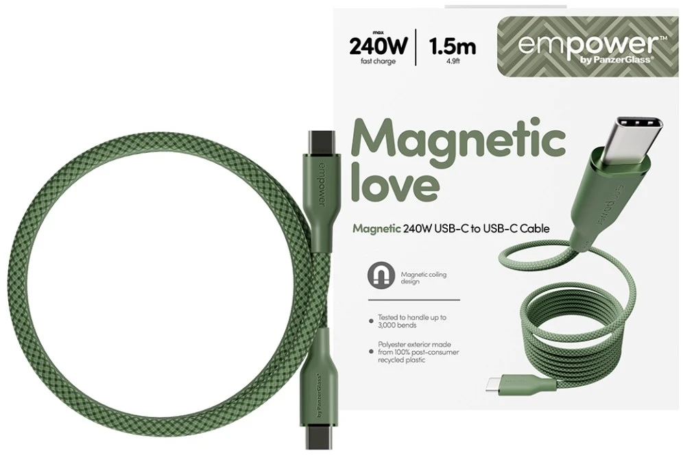 „Panzer Glass“ laidas, skirtas „PanzerGlass Magnetic“, 240 W USB-C, 1,5 m žalias