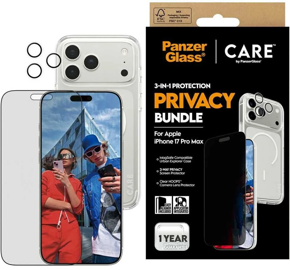 „Panzer Glass CARE by PanzerGlass Flagship Privacy 3in1“ dėklas + privatumo stiklas + lęšis, skirtas „iPhone 17 Pro Max“.