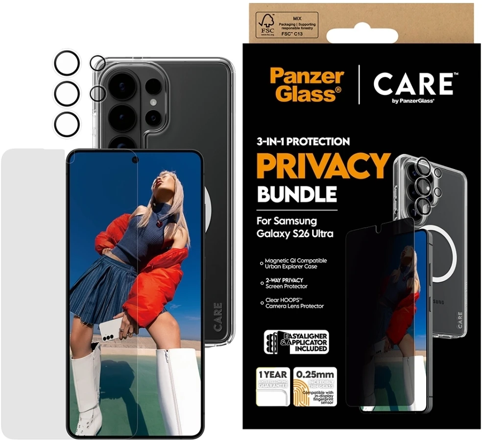 Panzer Glass Rinkinys ochronny CARE by PanzerGlass Privacy 3w1 Dėklas+Szkło+Lens do Samsung Galaxy S26 Ultra