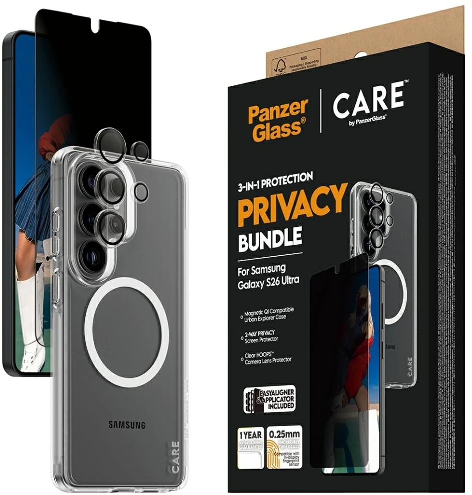 Panzer Glass Rinkinys ochronny CARE by PanzerGlass Privacy 3w1 Dėklas+Szkło+Lens do Samsung Galaxy S26 Ultra