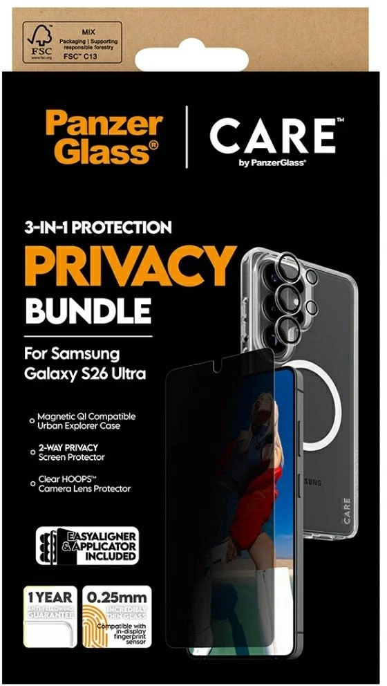 Panzer Glass Rinkinys ochronny CARE by PanzerGlass Privacy 3w1 Dėklas+Szkło+Lens do Samsung Galaxy S26 Ultra
