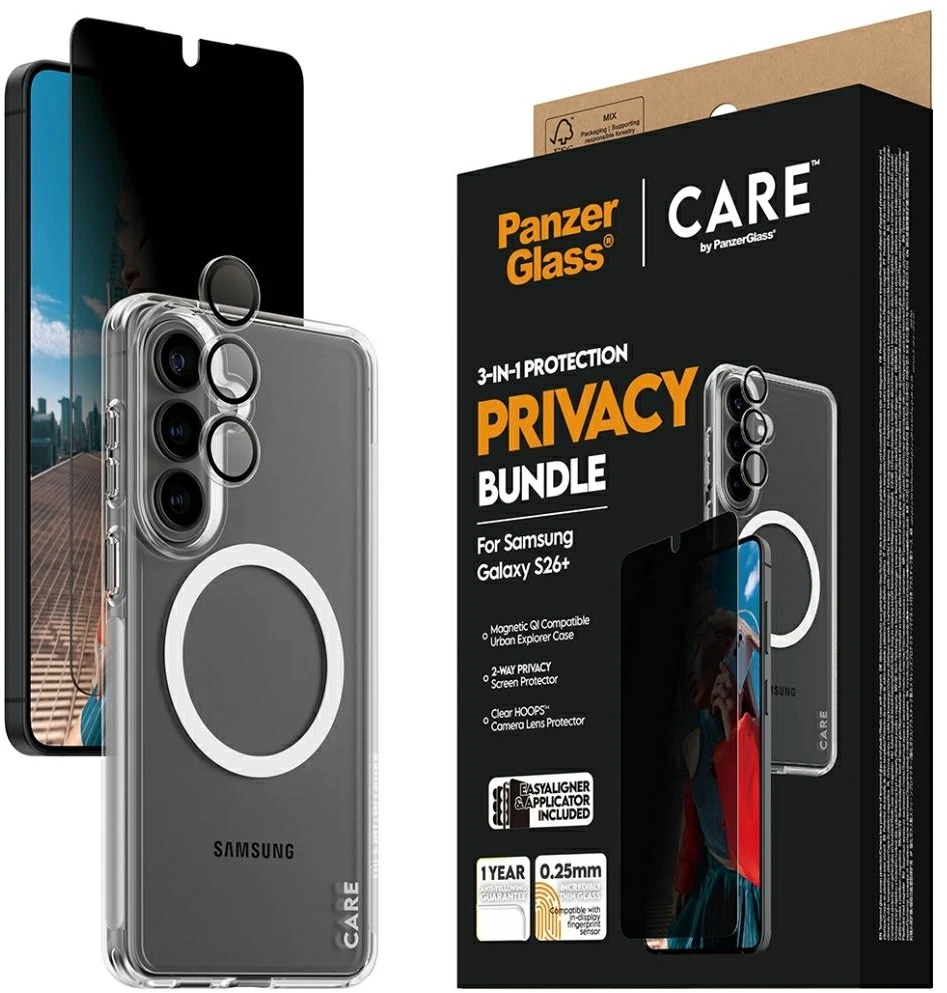Panzer Glass Rinkinys ochronny CARE by PanzerGlass Privacy 3w1 Dėklas+Szkło+Lens do Samsung Galaxy S26+