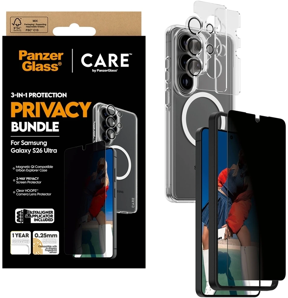 Panzer Glass Rinkinys ochronny CARE by PanzerGlass Privacy 3w1 Dėklas+Szkło+Lens do Samsung Galaxy S26 Ultra
