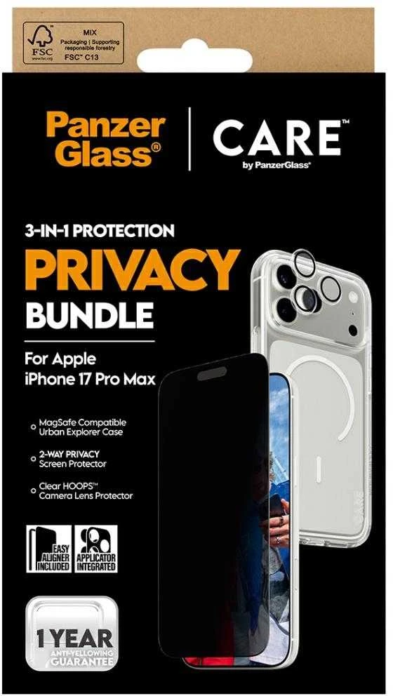 „Panzer Glass CARE by PanzerGlass Flagship Privacy 3in1“ dėklas + privatumo stiklas + lęšis, skirtas „iPhone 17 Pro Max“.