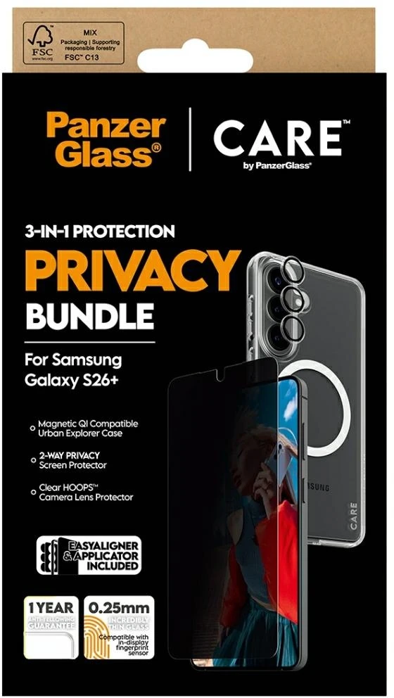 Panzer Glass Rinkinys ochronny CARE by PanzerGlass Privacy 3w1 Dėklas+Szkło+Lens do Samsung Galaxy S26+