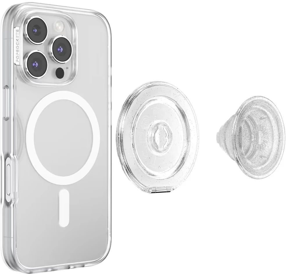 „PopSockets Kick-Out Grip“ blizgučiais aprūpintas „MagSafe“ telefono laikiklis ir stovas