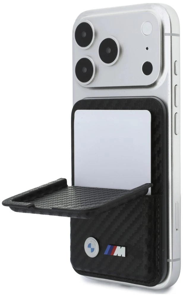 Dėklas Portfel BMW M Carbon Metal Logos MagSafe juoda