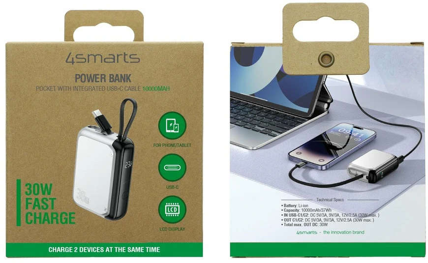 Įkroviklis „4smarts Pocket“ 10000mAh 30W su integruotu USB-C laidu, 15 cm sidabrinė