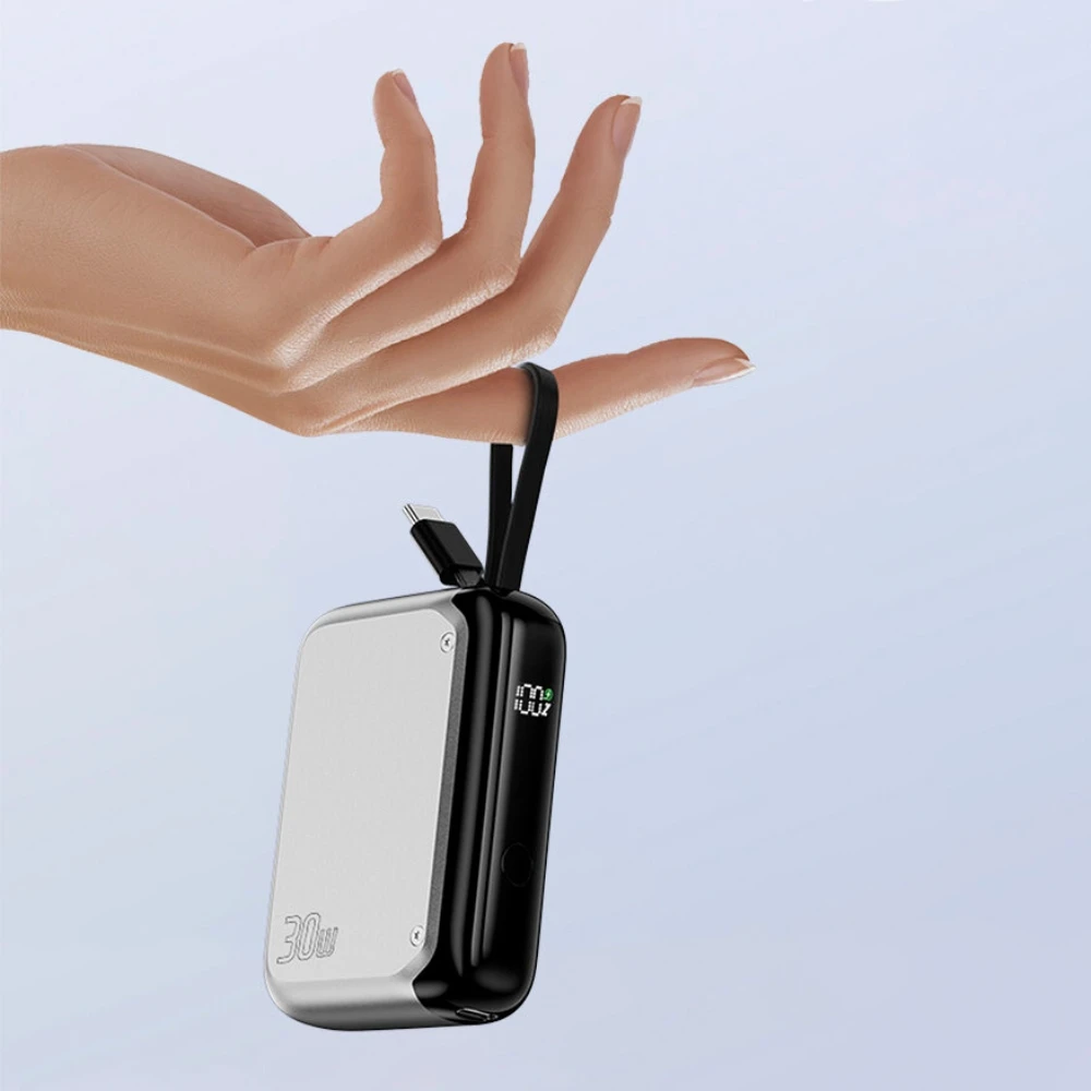 Įkroviklis „4smarts Pocket“ 10000mAh 30W su integruotu USB-C laidu, 15 cm sidabrinė