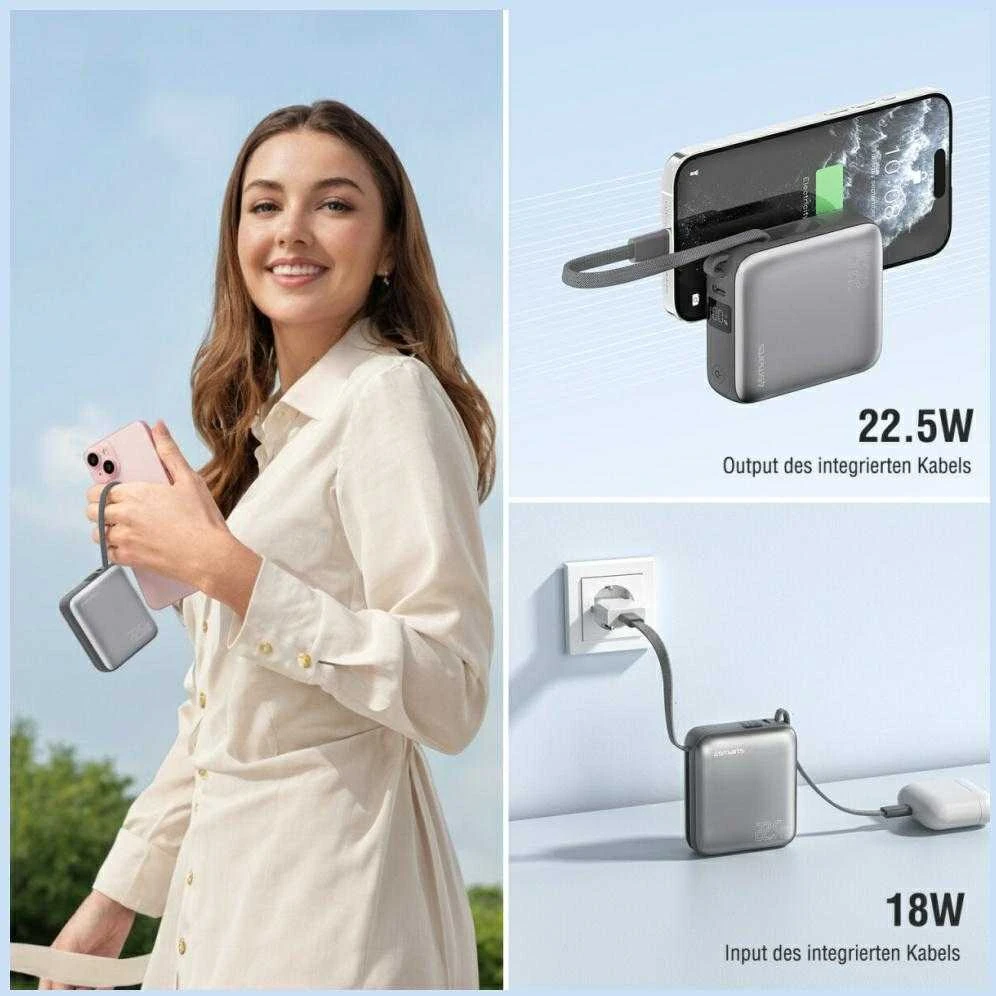 „4smarts Pocket“ dvigubas laidas, 10000 mAh, 22,5 W, su integruotu USB-C laidu