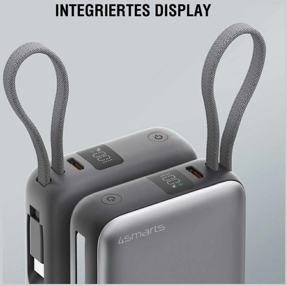 „4smarts Pocket“ dvigubas laidas, 10000 mAh, 22,5 W, su integruotu USB-C laidu
