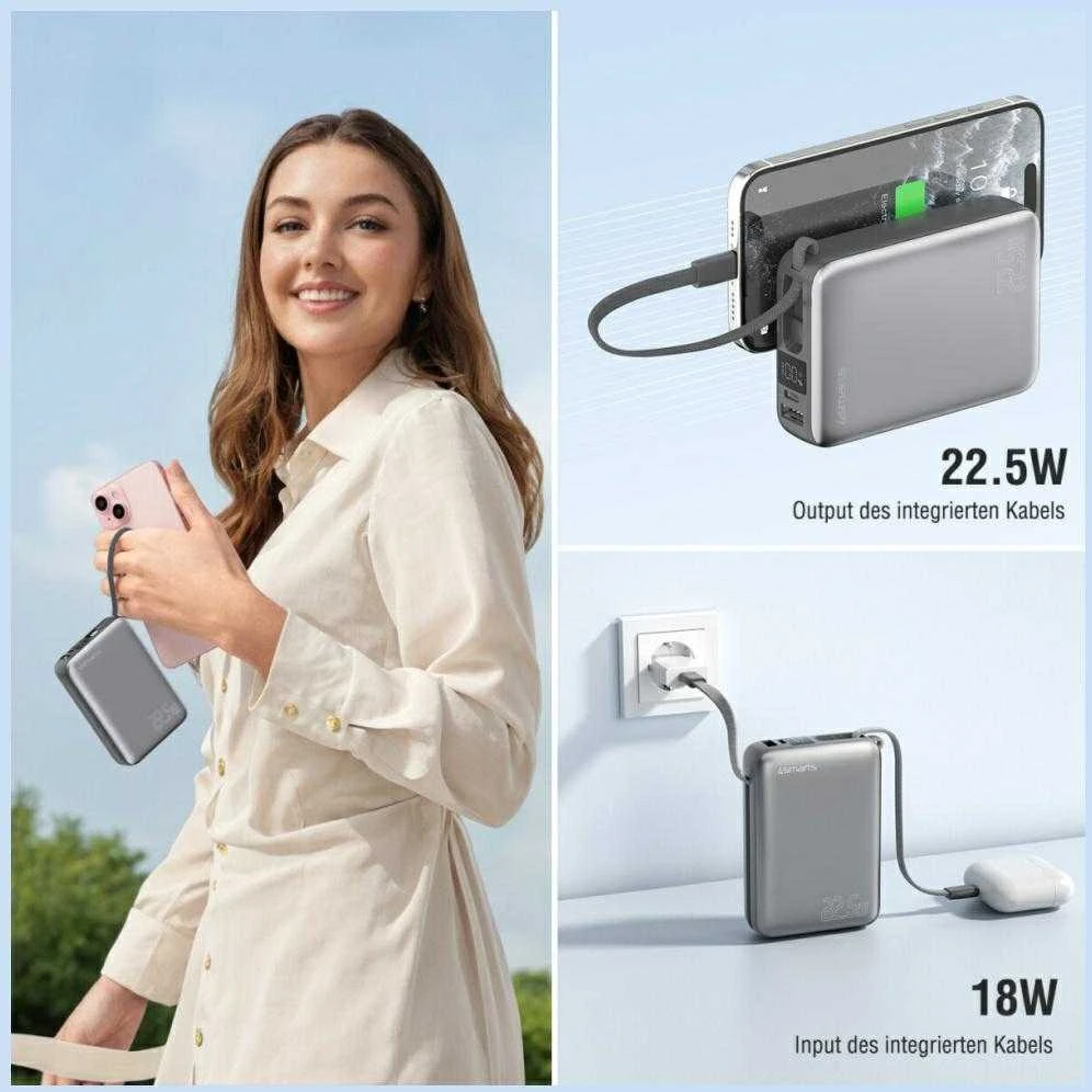 „4smarts Pocket“ dvigubas laidas, 20000 mAh, 22,5 W, su integruotu USB-C laidu