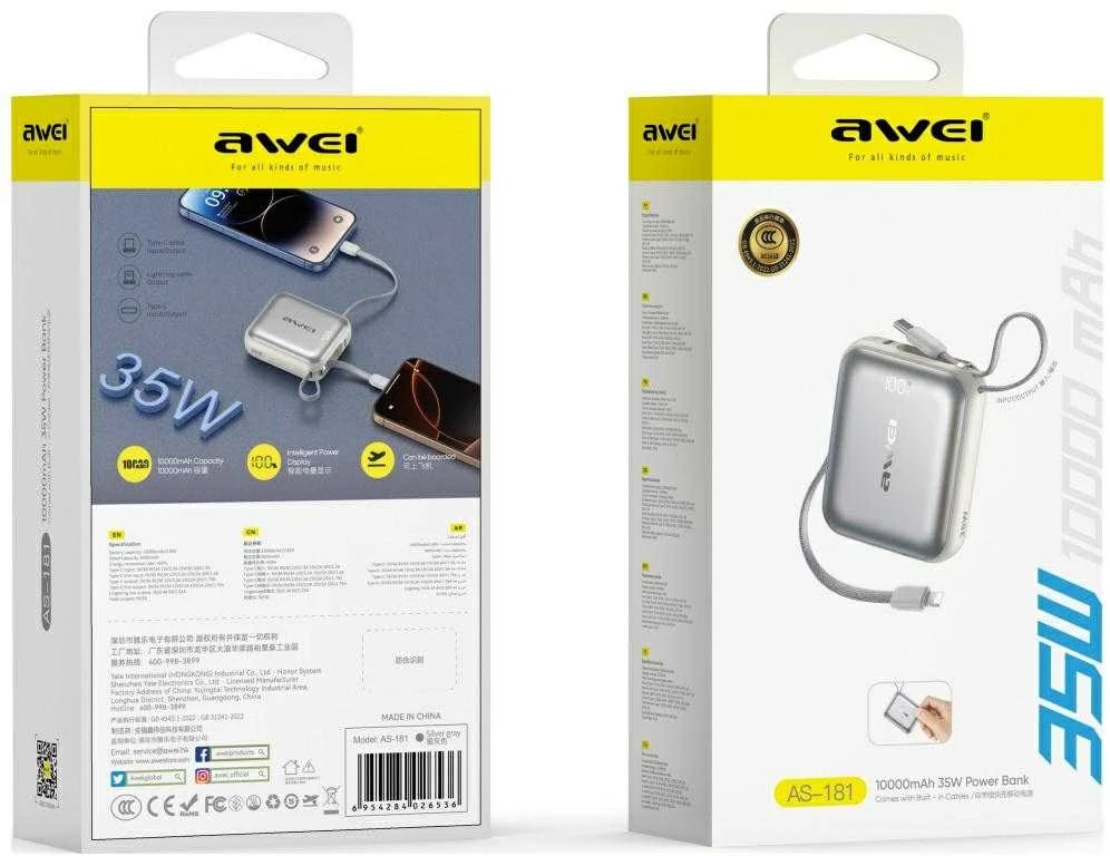 Išorinė baterija Awei AS-181 10000mAh 35W USB-C + Lightning/USB-C laidas sidabrinis