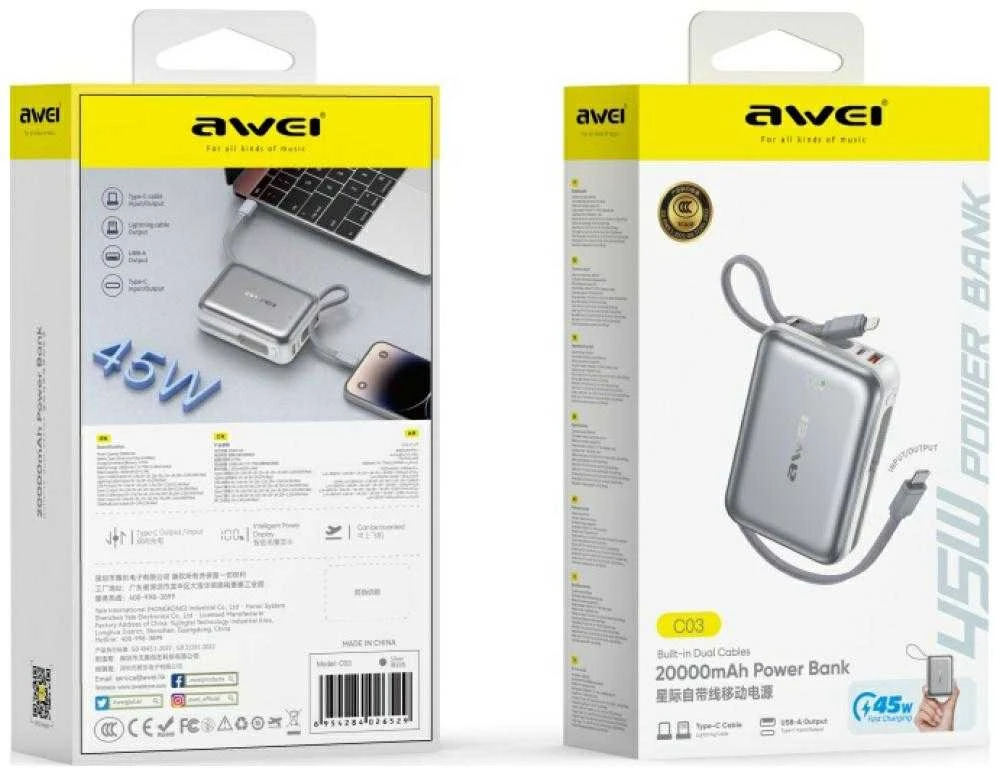 Išorinė baterija Awei C03 20000mAh USB-A/USB-C + Lightning/USB-C laidas sidabrinis