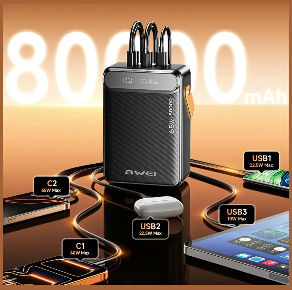 PowerBank AWEI PA-83 80000mAh 65W 3xUSB-A/2XUSB-C juoda