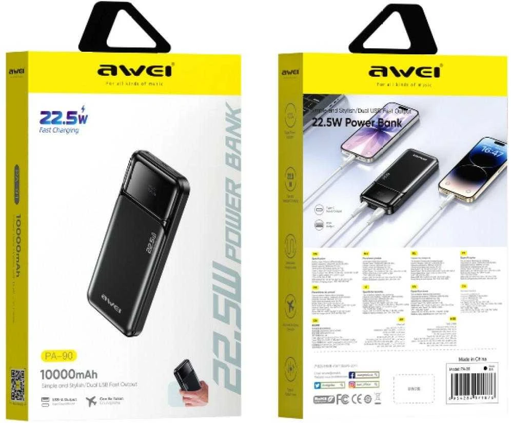 Powerbank Awei PA-90 10000mAh 22,5W PD 2xUSB-C juodos spalvos